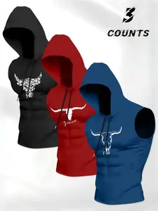 Men's Street Style Gym Drawstring Hoodie Set, American Bulldog Pattern Design, Power Sleeveless Sports T-Shirt, 3 Piece Gym Tops, Gym Athletic Clothes