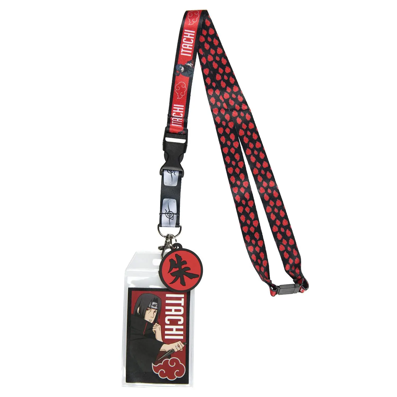 Naruto Itachi Uchiha Nylon Fabric Convention Lanyard with Buckle, Character Print, 2" Shu Kanji Rubber Pendant & Akatsuki Red Cloud Design ID Badge Holder