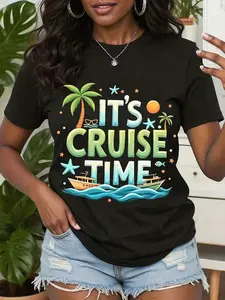 Cruise Ship T-Shirt With It's Cruise Time Tropical Palm Tree And Boat Print Perfect For Vacation, Beach, And Summer Travel Outfits,WoWomen's T-Shirts, Festive Celebration Wear, Festive Graphic Tee, Festive Fashion Lovers