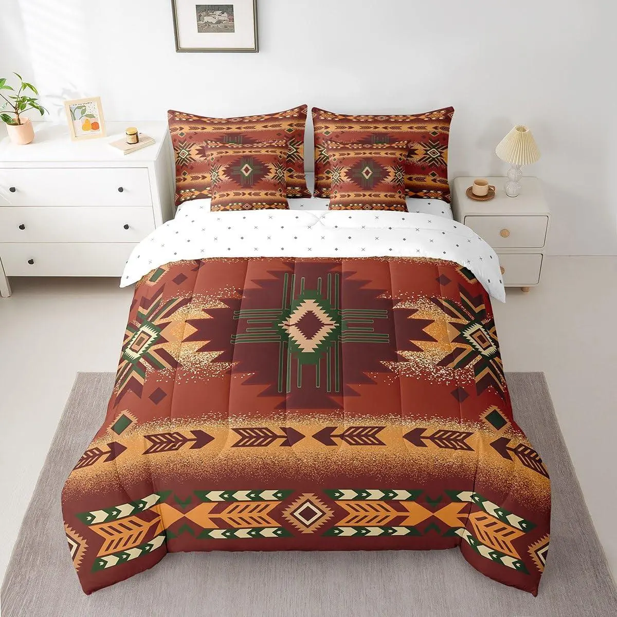 Southwestern Geometric Bed Set Includes Comforter,Sheet Set,Pillowcases & Pillow Covers Southwest Native 7 Piece Bedding Set,Tribal Orange Red Bed in a Bag ,for Room Decor Modern Art