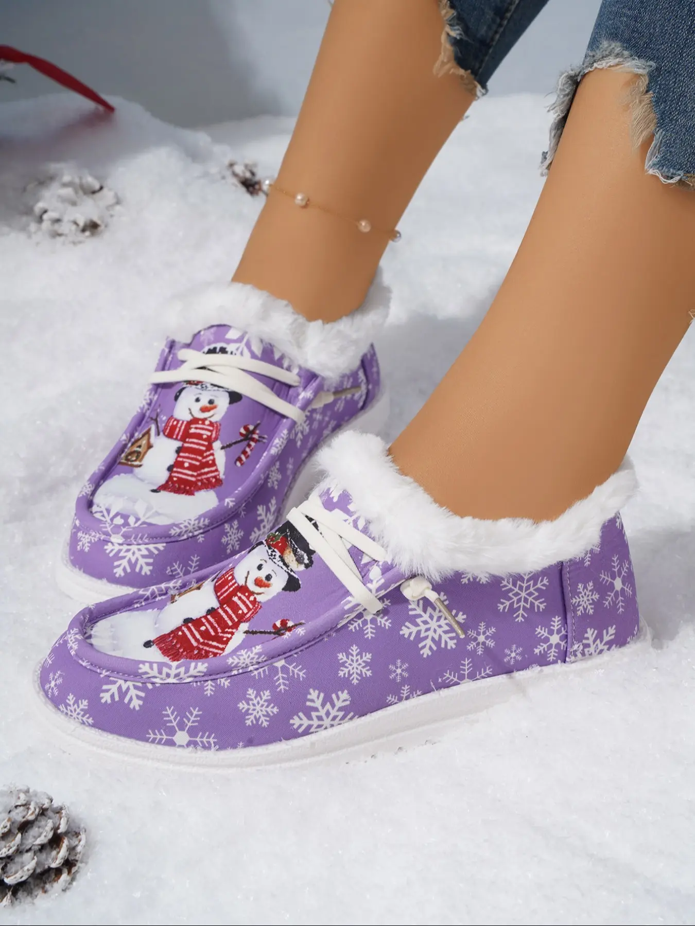 Women's Christmas Theme Fleece Lined Casual Shoes, Snowflake & Cute Snowman Pattern, Soft Plush Cuff, Warm Winter Footwear, Casual Sneakers