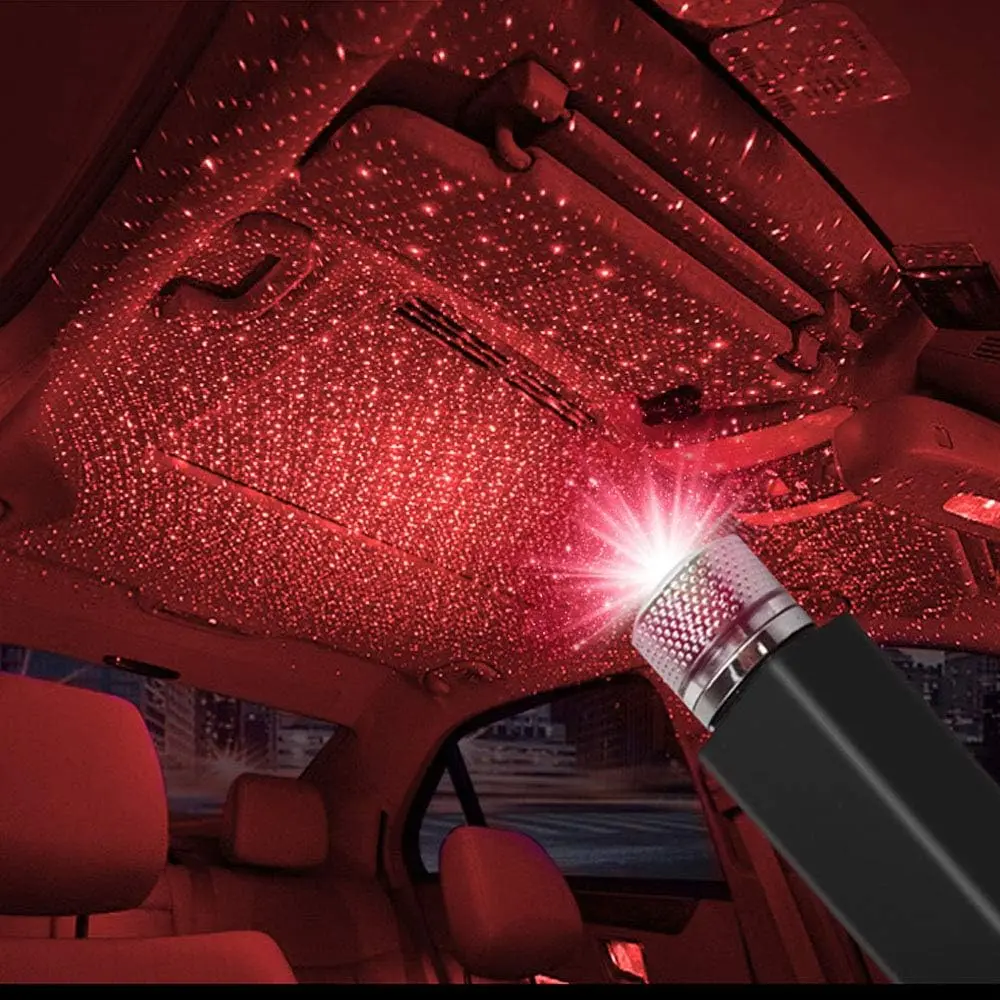 USB Star Projector Night Light, Portable Adjustable Romantic Interior Car Roof Lights, Portable Star Lamp Projector Decorations for Car, Ceiling, Bedroom (Red)