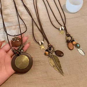 6pcs Retro Bohemian Style Women'S Long Pendant Double Layered Necklace Set Made of Alloy Material with Feather Patterns, Perfect for Daily Wear And Gift Giving mom gifts gf gifts chains for men cross necklace name necklace cuban link chain