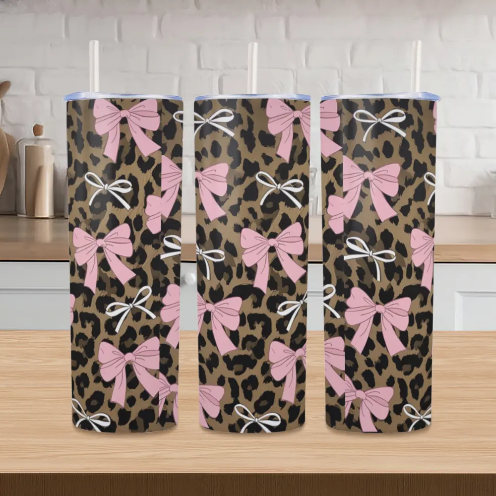 20oz Leopard Pink Bow Skinny Tumbler 304 Stainless Steel Double Wall Vacuum Insulated Leakproof Travel Coffee Cup With Straw Lid