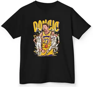 Outerstuff Luka Dončić Los Angeles Lakers #77 T-Shirt — "LUKA - THE DON - The Basketball Godfather" V-Neck Tee — Unisex — Luka Dončić Cartoon-Style Los Angeles Basketball Theme T-Shirt — Kids' Sizes