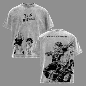Menswear My Hero Academia BakuDeku Graphic T-Shirt - Vintage Washed Oversized, Short-Sleeve, Round Neck, Casual Streetwear, Deku X Bakugo Anime Couple Apparel