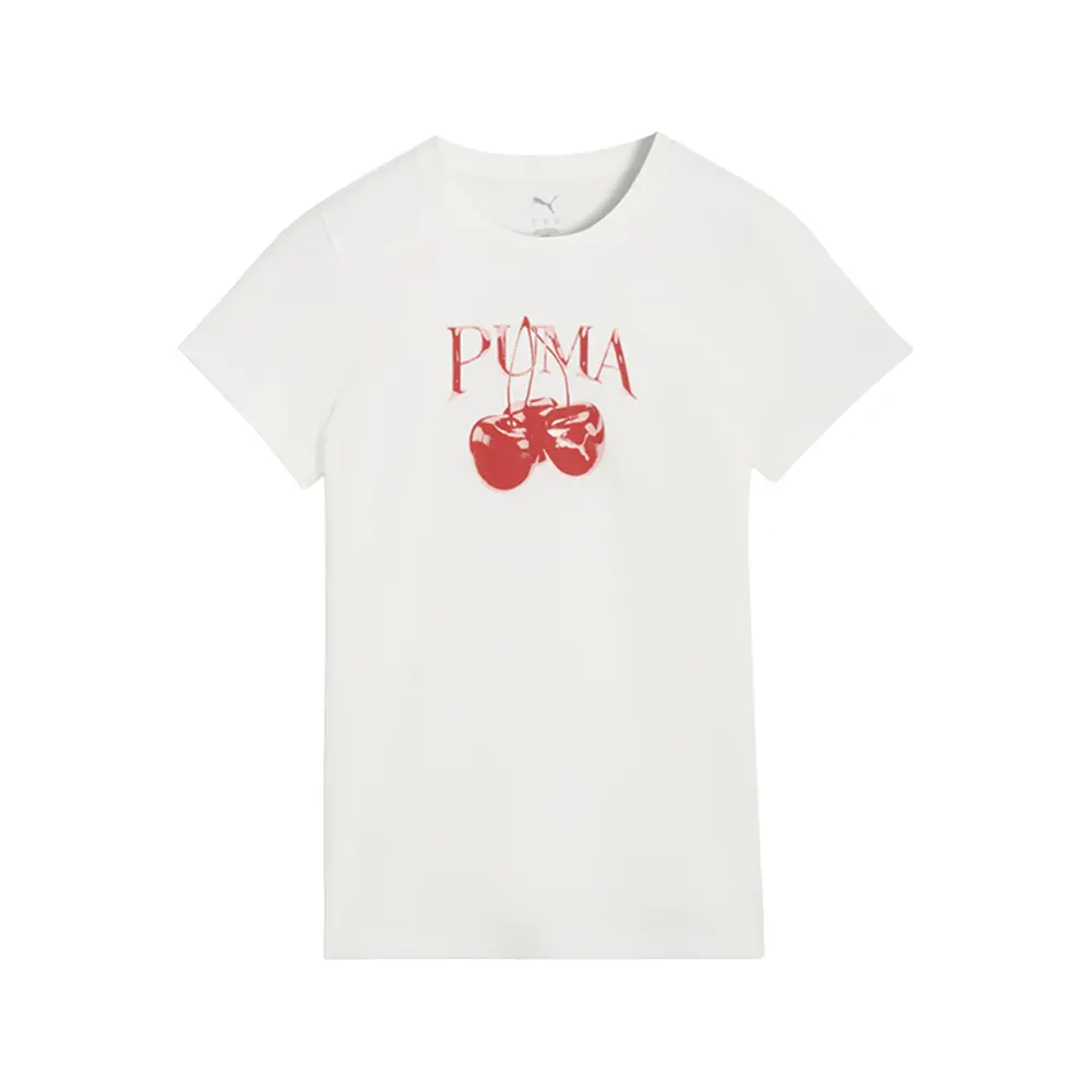 PUMA Womens Graphics Pack Cherry Crew Neck Short Sleeve Casual Tops Casual - White