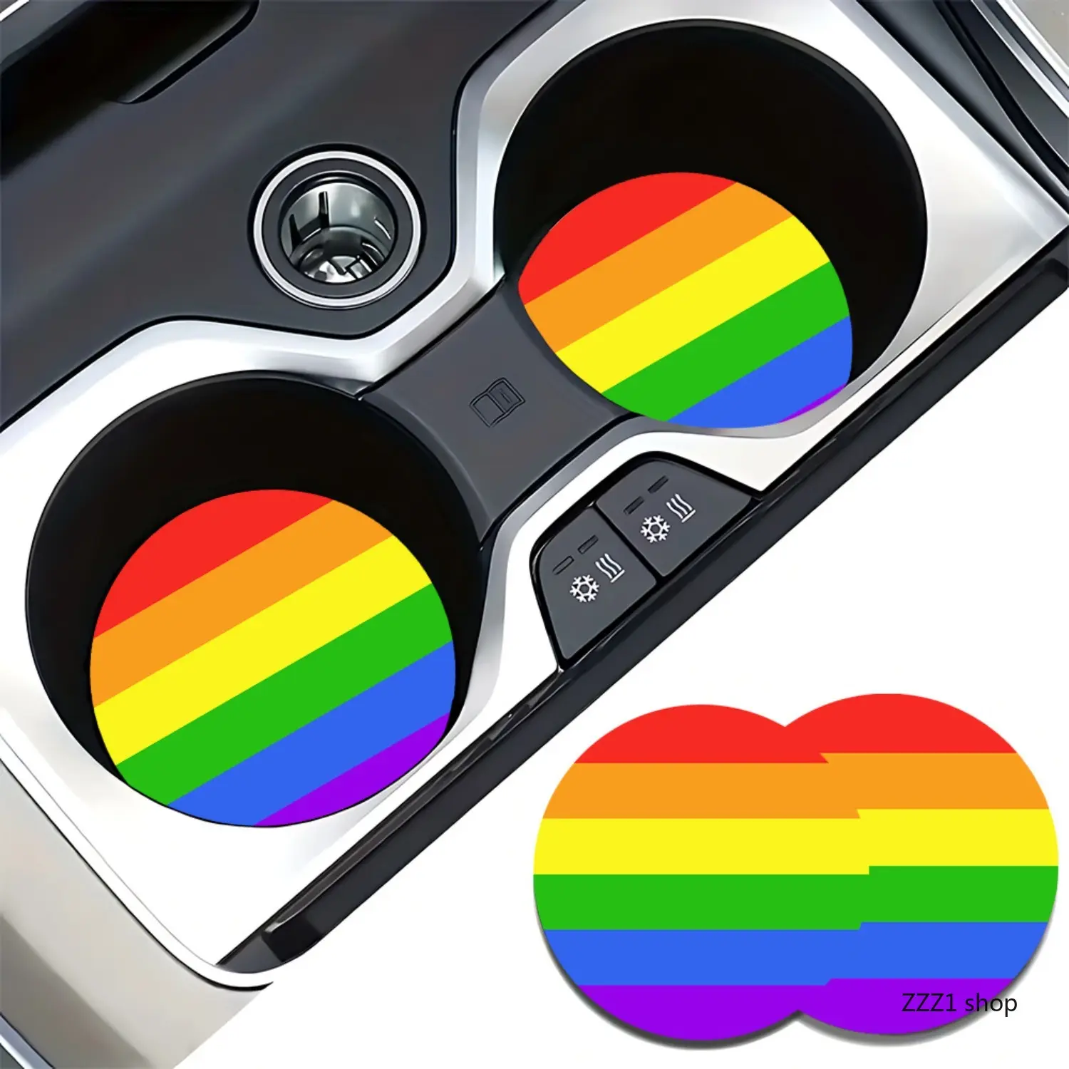 Rainbow Pride Car Coasters, Set of 2 Absorbent Colorful Pads for Cup Holders, LGBTQ Vehicle Interior Accessories for Men and Women, Absorbing Mat, Fits Cup Holders, Set Of Two