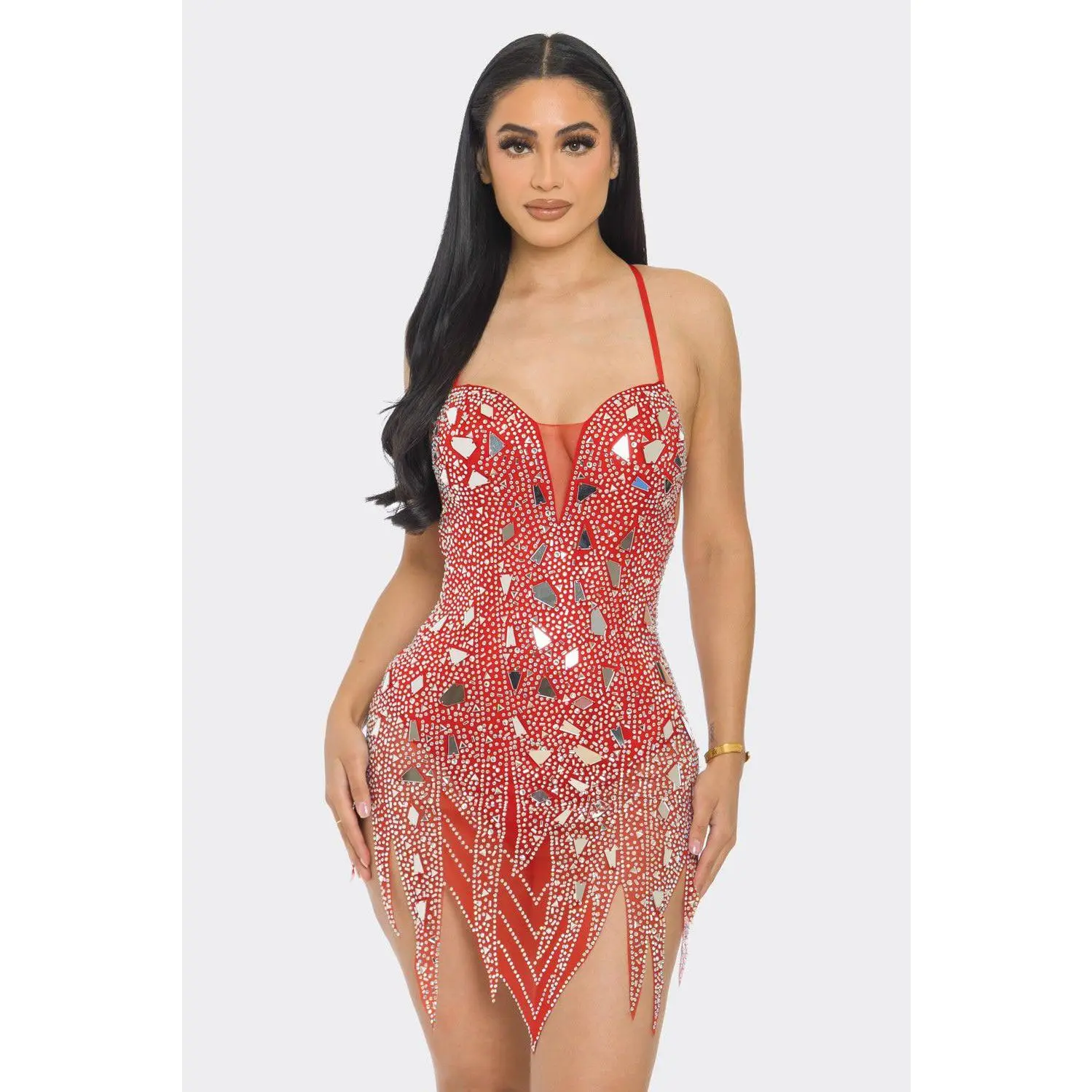 Dazzling Rhinestone Glam Mini Dress (Red)