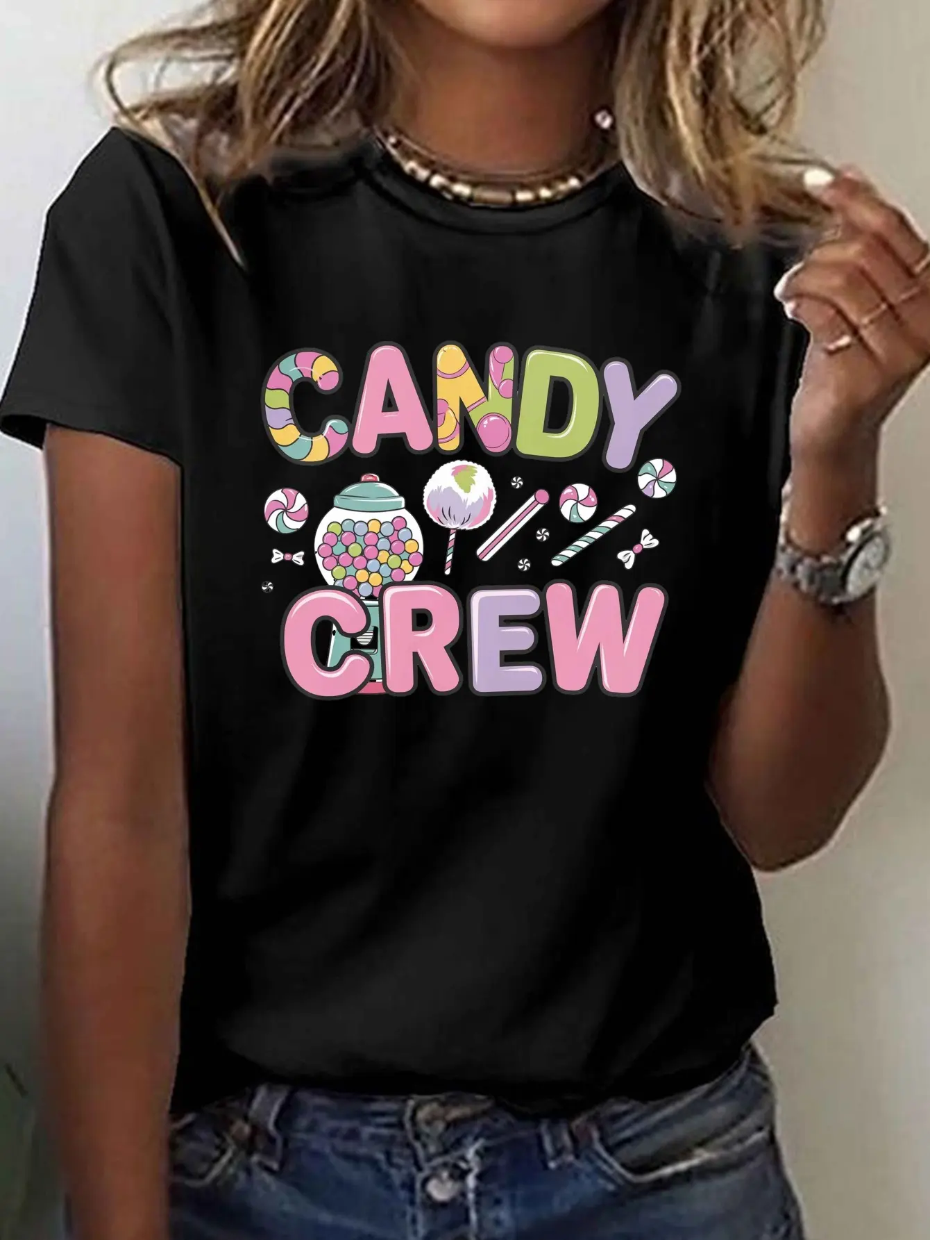 CANDY CREW Candy Themed Design Print T-Shirt, Shor unisex soft cotton short sleeve t shirt, vintage graphic casual tee for men women teens, perfect birthday holiday gift for camping travel gym daily street casual wear