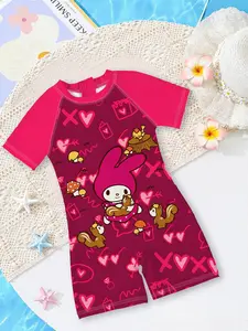 Girls' one-piece swimsuit "Melody Squirrel Cute Style" with burgundy heart print + short-sleeved sun protection design, soft, cute, and sweet, instantly creating a full atmosphere for playing in the water at the summer pool/beach! Swimwear Bathing Suits