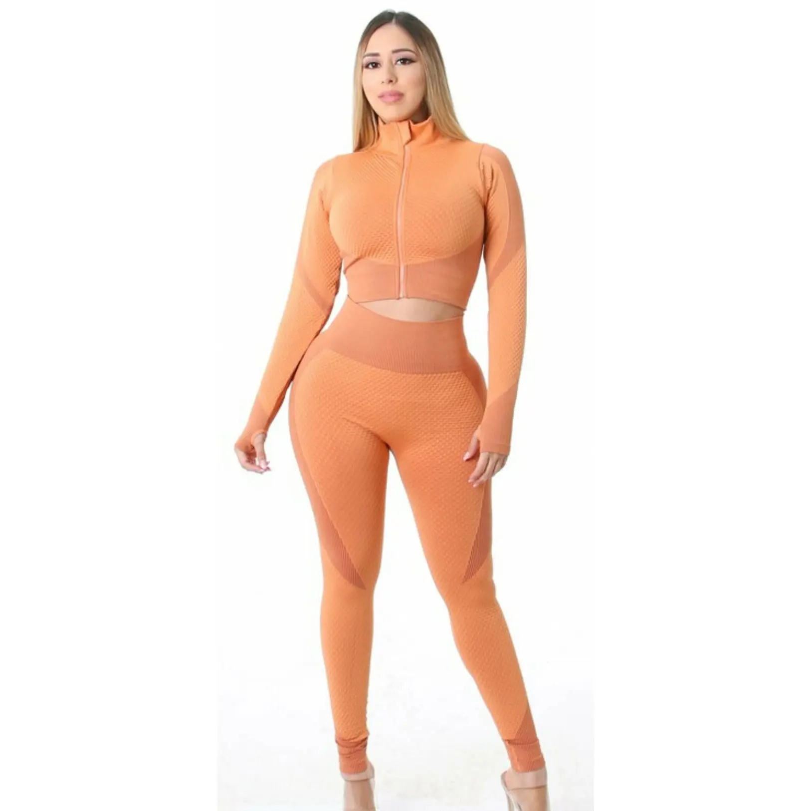 "Track Star" (Sandstone)Two-Piece Set High Waist Womenswear Jacket Leggings Fashion Athletic Long Sleeve Comfort Gym Casual Comfortable Fit Sporty Style Suits
