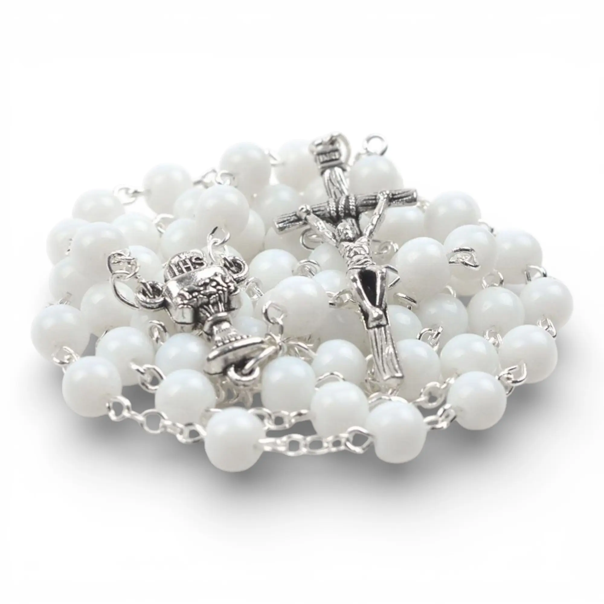 White Catholic Rosary Necklace - Traditional Smooth Beads with Crucifix & Chalice Center - First Communion, Baptism Gift - Religious Home Decor Rosary