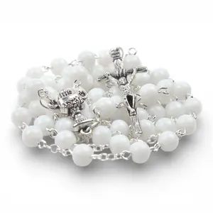 White Catholic Rosary Necklace – Traditional Prayer Beads with Crucifix & Chalice Center – First Communion, Baptism & Confirmation Gift – Rosario Catolico Blanco