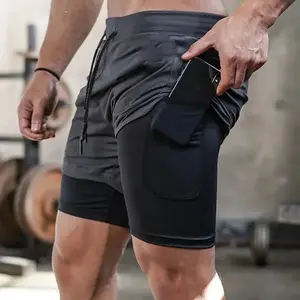 Men'S Double Layer Fitness Shorts Men Fitness Gym Training 2 in 1 Sports Shorts Quick Dry Workout Jogging Double Deck Summer NONE
