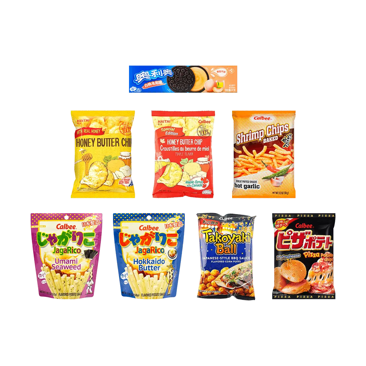 HAITAI Crunchy Snack Gift Box - Honey Butter Chips, Maple Honey Chips, Oreo Peach Oolong Cookies, Calbee Pizza Chips, Spicy Shrimp Sticks, Seaweed Potato Sticks, Creamy Potato Sticks - 20.5 oz