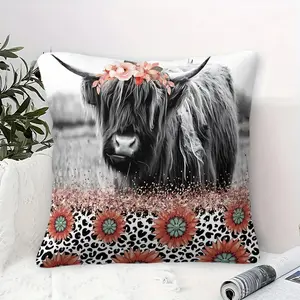 Boho Highland Cow Throw Pillow, Digital Print Floral Crown, Glitter & Leopard Pattern, Soft Cushion for Rustic Room, Gift for Country & Western Decor Enthusiasts (Includes Insert)