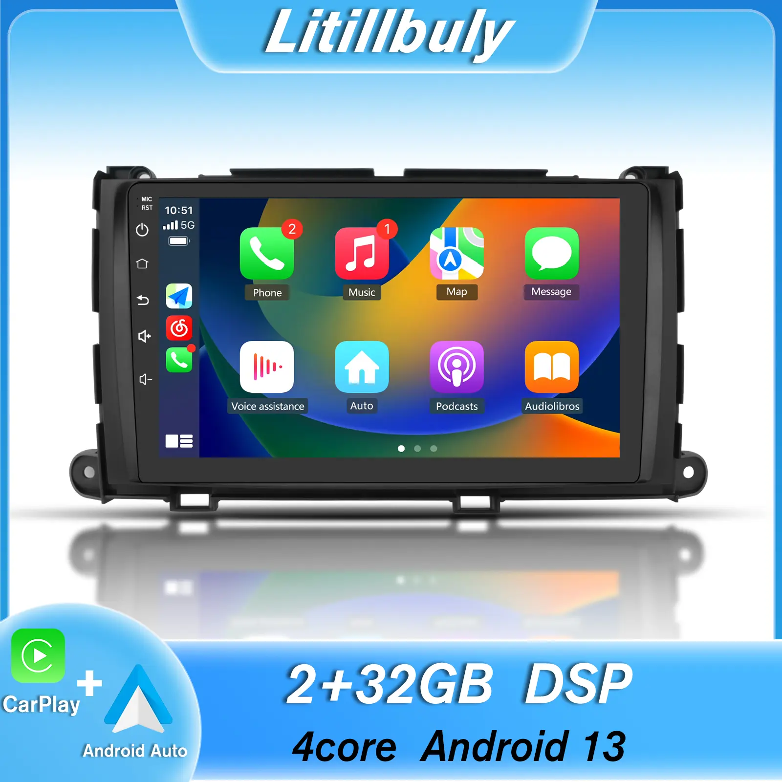 Car Stereo for Toyota Sienna 2011-2014 touch screen has Android Auto Wireless Carplay, Bluetooth WIFI supports GPS Navigation