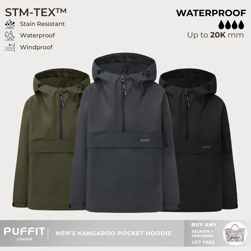 PUFFIT STM-TEX Men's Hooded Rain Jacket High-density,High-twist Fabric,Offering Waterproof,Stain-resistant,Windproof Properties,Shell Jacket,Ski Jacket,Windbreaker,Dog Walking,School Running,Fall & Winter Jacket,2026 Shopping