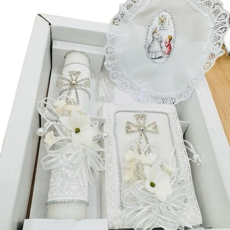 Traditional Children's First Communion Candle Set - 8in Candle, Rosary, New Testament, Traditional Elements, Festive Ceremony Gift for Spiritual Atmosphere No Extra Fluff (Home & Festive Party Supplies)