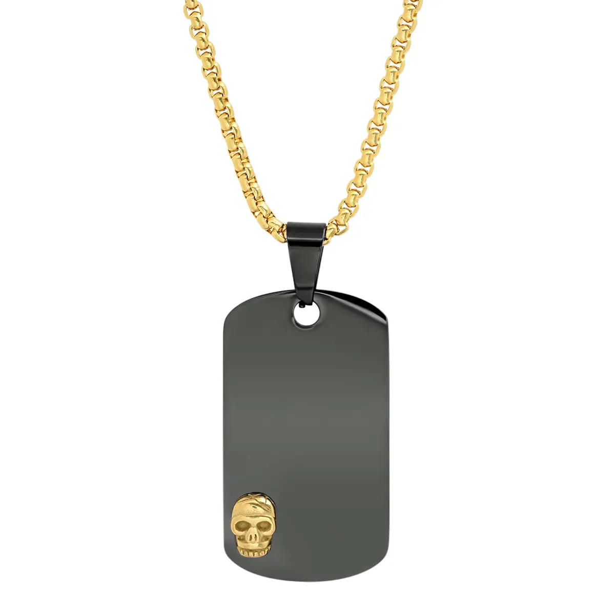 Steeltime Hematite & Mini Gold Skull Dog Tag Pendant Necklace