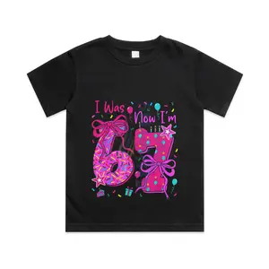 7th Birthday Girl I was 6 Now I'm 7 Year Old Girl Birthday Cotton T-shirt, Graphic Print Round Neck Short Sleeve Casual Tee for Boys Girls Crewneck Shortsleeve Tee