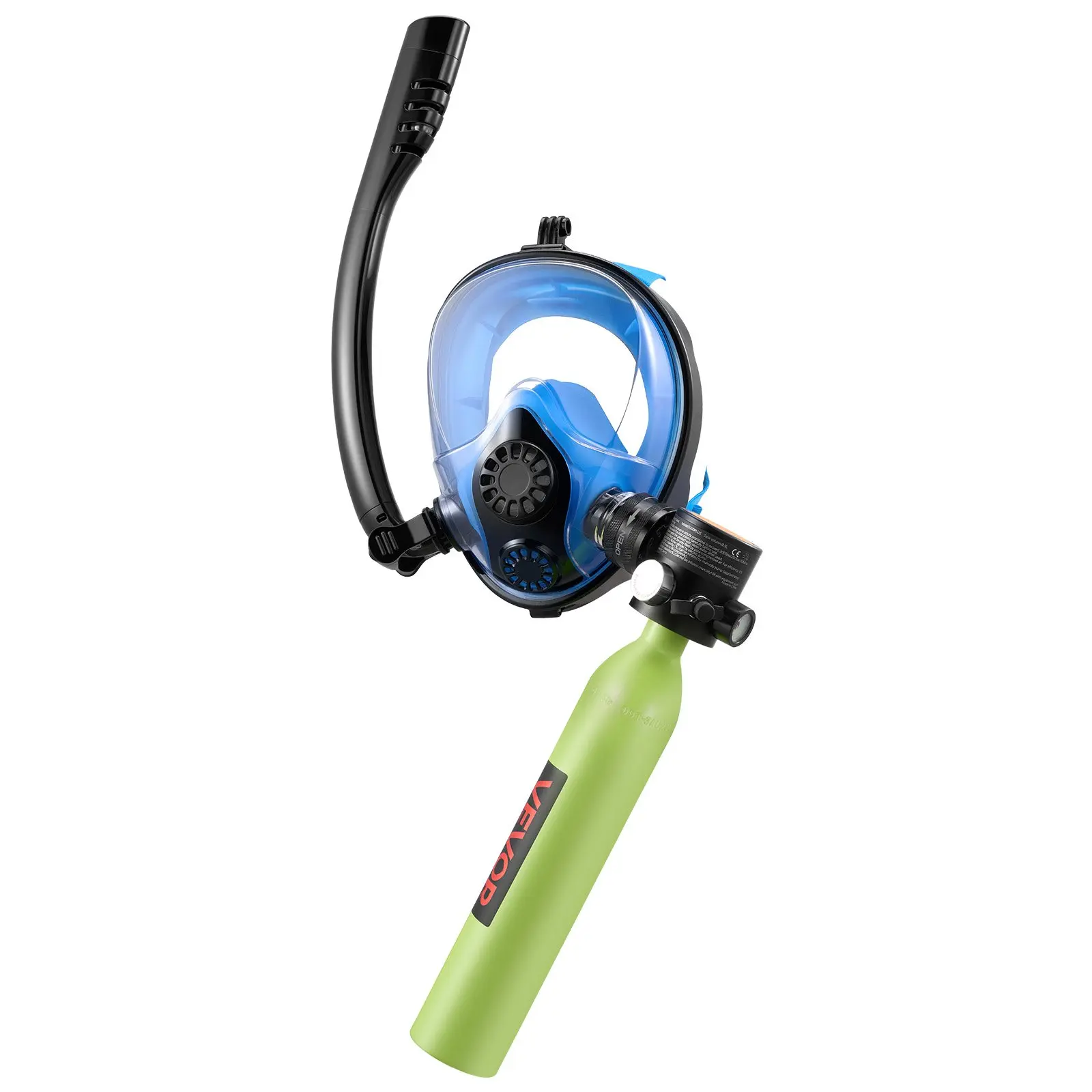 VEVOR 0.5L Mini Scuba Tank with Full Face Sub-Mask, Detachable Parts Snorkels, Reusable Beginner Underwater Breathing Cylinder, 10-Minute Dive Time Dual Modes Emergency Rescue Pony Bottle, Full Face Mask, Diving Masks
