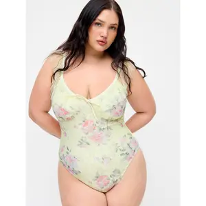 Cider Floral Lace Sweetheart Neck Ruched Tie Front One-piece Swimsuit Curve & Plus