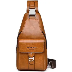 Men’s Leather Sling Bag, Crossbody Chest Bag with Adjustable Shoulder Strap, Lightweight Casual Shoulder Backpack for Travel Daily Use
