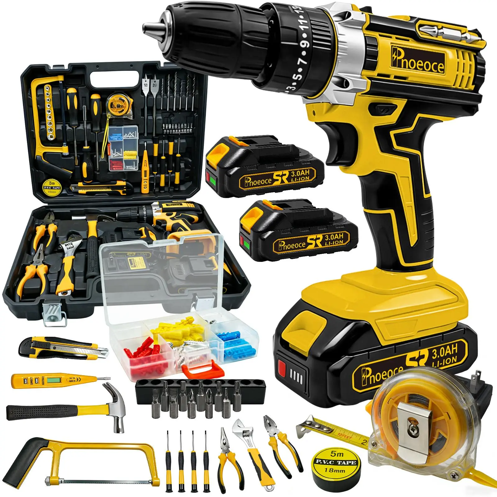 148-piece electric drill tool set - high-speed, high-torque wireless electric drill/hammer/screwdriver combination set, equipped with a 3.0Ah detachable lithium-ion battery, a fast charger, and a complete set of household drilling/driving accessories