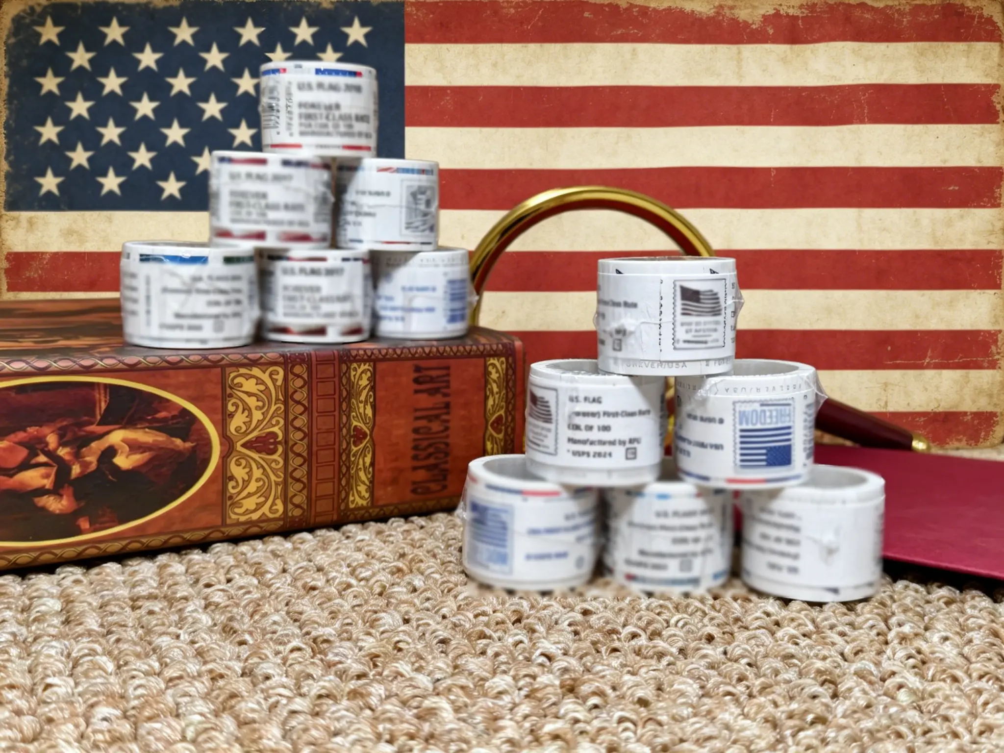 100PCS-1Roll Retro USA Flag Themed Labels ,Suitable for Office Filing and Document Indexing