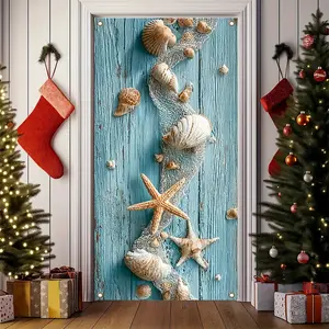 2D Flat Seashell & Starfish Door Curtain with White Fishing Net. Fresh ocean-themed decor, ideal for summer beach festivals and parties. Suitable for rooms, entrances, and indoor/outdoor home decoration.