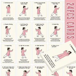 24 Tai Chi Flash Cards, Martial Arts Teaching Pocket Cards, Fitness Instruction Cards, Learning Cards, Bilingual Action Guide Postcards, Tai Chi Moves Diagrams