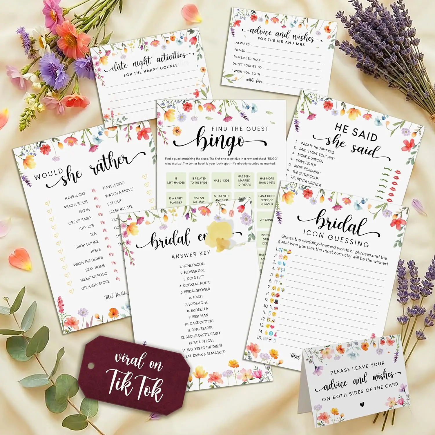 STOFINITY Wildflower Bridal Shower Games Set for 50 Guests - Wedding Advice & Wishes Cards, Find The Guest Bingo, Funny He Said She Said Would You Rather Activities, Bridal Shower Decor Complement