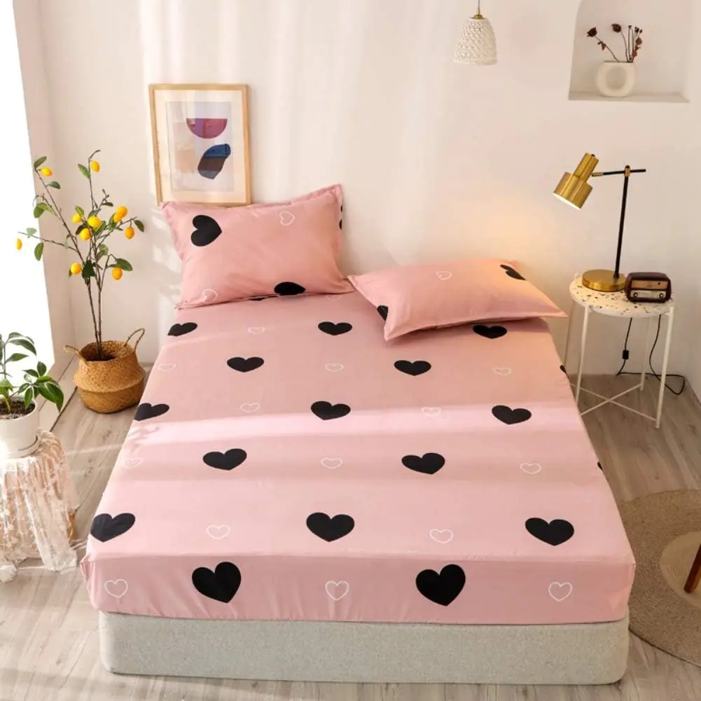 Feelyou Pink Cute Heart Pattern Fitted Sheet Set - Breathable Durable Microfiber Bed Sheets, Girly Cartoon Love Geometric Bedding, Pink Black Modern Bedroom Decor Bed Cover, Bed Sheets Set