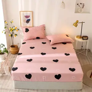 Pink Cute Heart Pattern Fitted Sheet,Lovely Pink Black Bedroom Decor Bed Sheet Set,Girly Cartoon Love Geometric Bedding Set Modern Design Bed Cover
