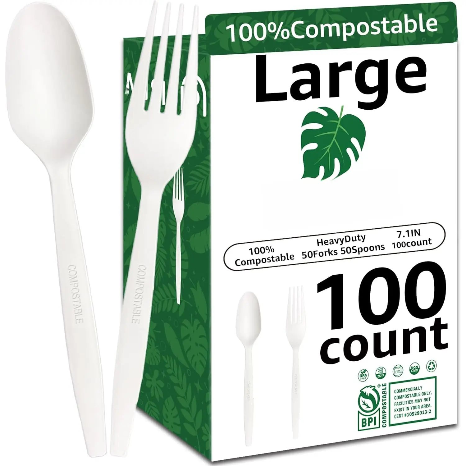 [7.1In 100 count]  Compostable Forks and Spoons Biodegradable Forks and Spoons HeavyDuty No Plastic Fork and Spoon  HeavyWeight Disposable Forks and Spoon Flatware Set