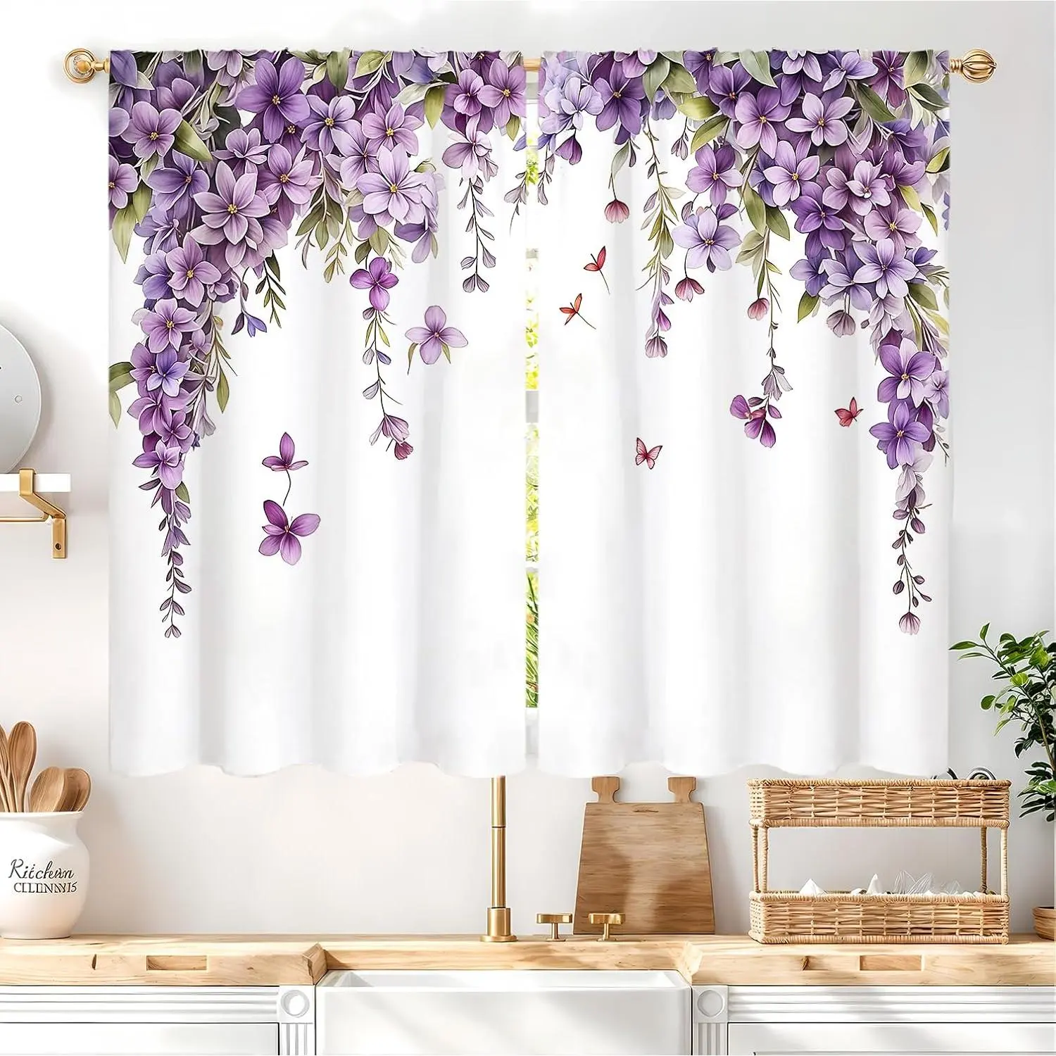 Purple Floral Lavender Butterfly Rod Pocket Curtains, 2 Panels 27.5x39 in, Cool Iron, Fade Resistant, Machine Washable, Quick-Drying Small Short Cafe Tiers for Kitchen/Bathroom Spring Decor (With Lilac Flowers & Leaves)