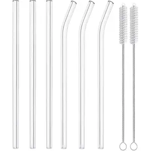 6 Pack  Glass Straws,8.5'' x10MM,3 Straight and 3 Bent with 2 Cleaning Brushes, for Smoothies,,Juice