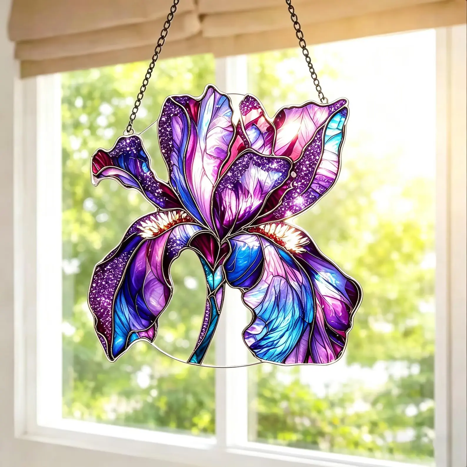 Purple Iris Flower Stained Glass Suncatcher Window Hanging Decor, Acrylic Floral Garden Wall Panel Sun Catcher with Hanging Chain, Vibrant Mother's Day Gift