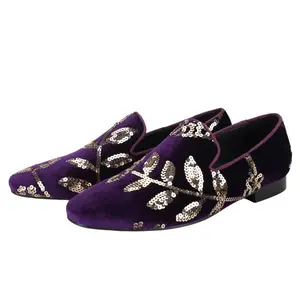 Black and Dark Purple Velvet with Handmade Floral Sequins Men's Loafers CL The Classic Red Outsole Moccasins