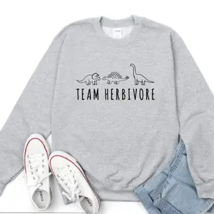 Crewneck Sweatshirts, Team Herbivore, Vegan Sweater, Veggie Sweatshirts, Vegetarian, Dinosaur Customized Pullover, Sweatshirts With Sayings