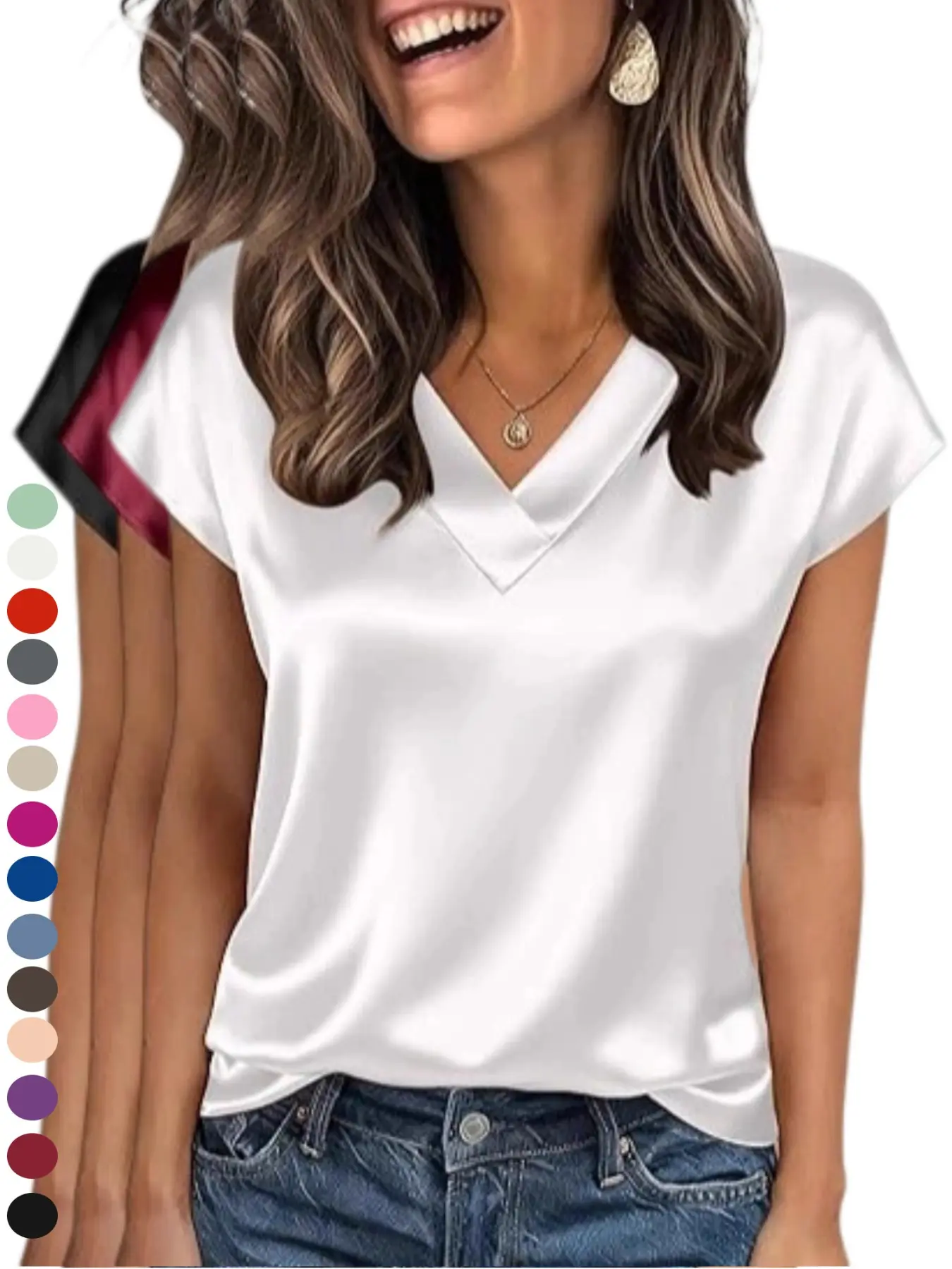 2026 Women Silk Satin Tops Cap Short Sleeve Blouse V Neck Shirts Business Casual Outfits hot