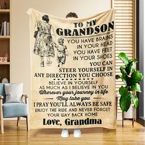 1pc Grandma to Grandson Gift Flannel Throw Blanket Soft Beige & Black Vintage Design Heartfelt Printed Text All-Season Use Ideal for Couch Bed Travel Perfect Birthday Christmas Holiday Present from Grandma Sentimental Grandson Keepsake 280GSM