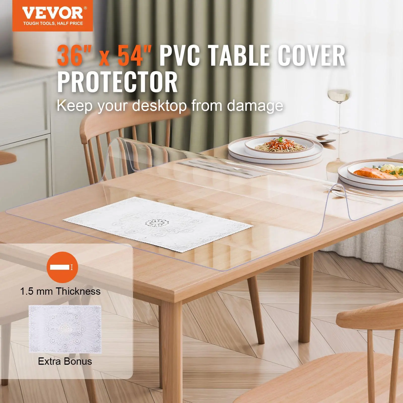 【Summerfinds】VEVOR Transparent Protective Durable Washable Plastic Table Cover, 36x54 Inch 1.5mm Thick PVC Desk Mat, Waterproof Kitchen Pad for Office Dining Room Table, Washable Table Cover