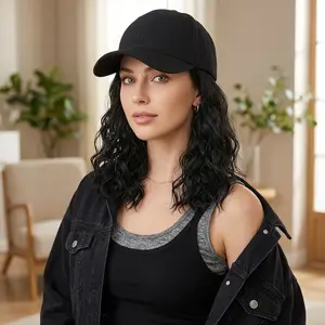 Natural Black Medium Length Wavy Hair Baseball Cap Wig, No-Fuss Lazy Style Instant Glam Black Curly Hair Wig Cap, Breathable Adjustable Baseball Cap Wig for Work