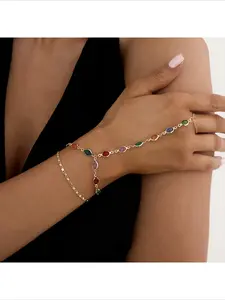 2026 Trending Multicolor Gem Hand Chain Gold Slave Bracelet with Ring Combo Delicate Crystal Jewelry for Women Bohemian Style Chain Link for Party, Festival & Casual Looks Romantic Bracelet Set