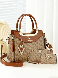Women's Fashion Printed Three-Piece Handbag Set, Colorblock Bucket Bag with Adjustable Straps, Large Capacity Shoulder Crossbody Bag