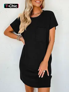 Women's Plain Textured Batwing Sleeve Pocket Tee Dress, Casual Fit Short Sleeve Round Neck Short Dress for Summer, Ladies Clothes for Daily Wear Womenswear