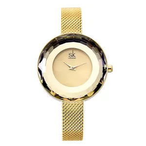 Shenke Lady's New Pattern Glass Simple Mesh Belt Quartz Watch Waterproof 30m Spiral Crown Stainless Steel Pin Buckle Imitation Leather Strap